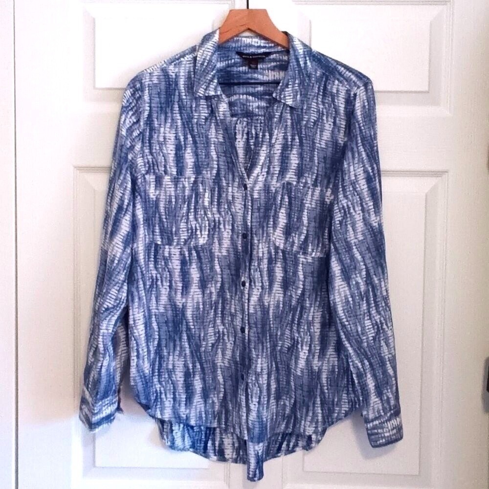 Rock & Republic Womens Button Down Shirt Blue XL Abstract Long Sleeve Roll Tab